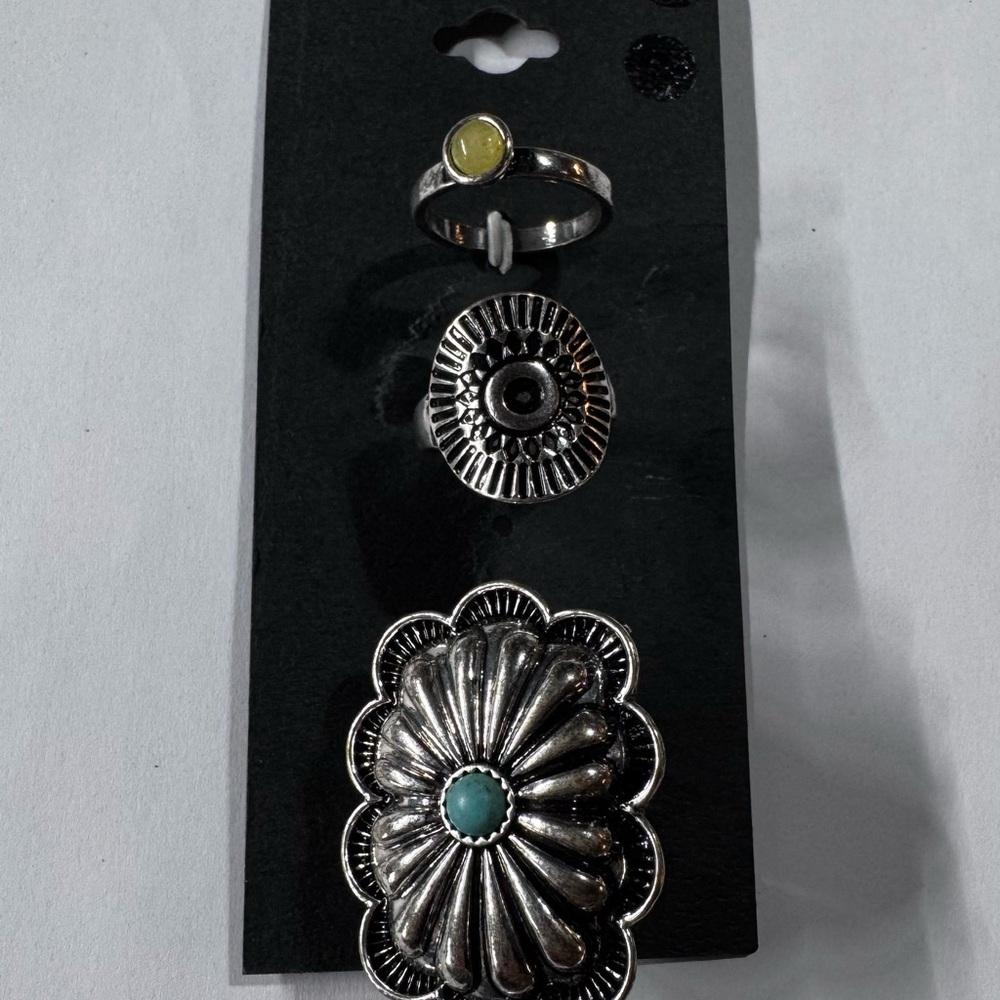Ring size 7 & 8 Silver-Tone Concho Ring Set with Turquoise & Yellow Accents - Picture 3 of 3